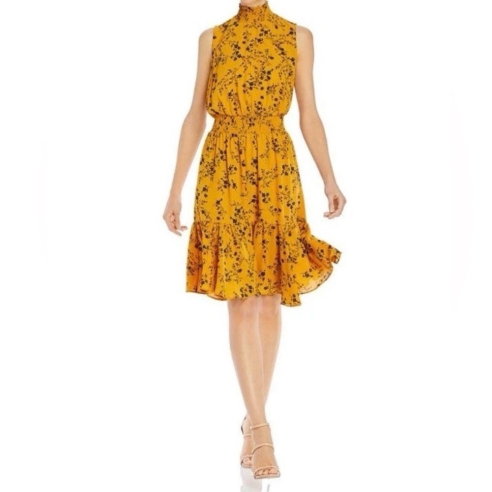 Nanette Lepore Colonel Mustard Floral Pleated High Neck Smocked MIDI Dress 6 NWT